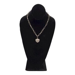 Silvertone Filigree & Rhinestone Heart Pendant Necklace